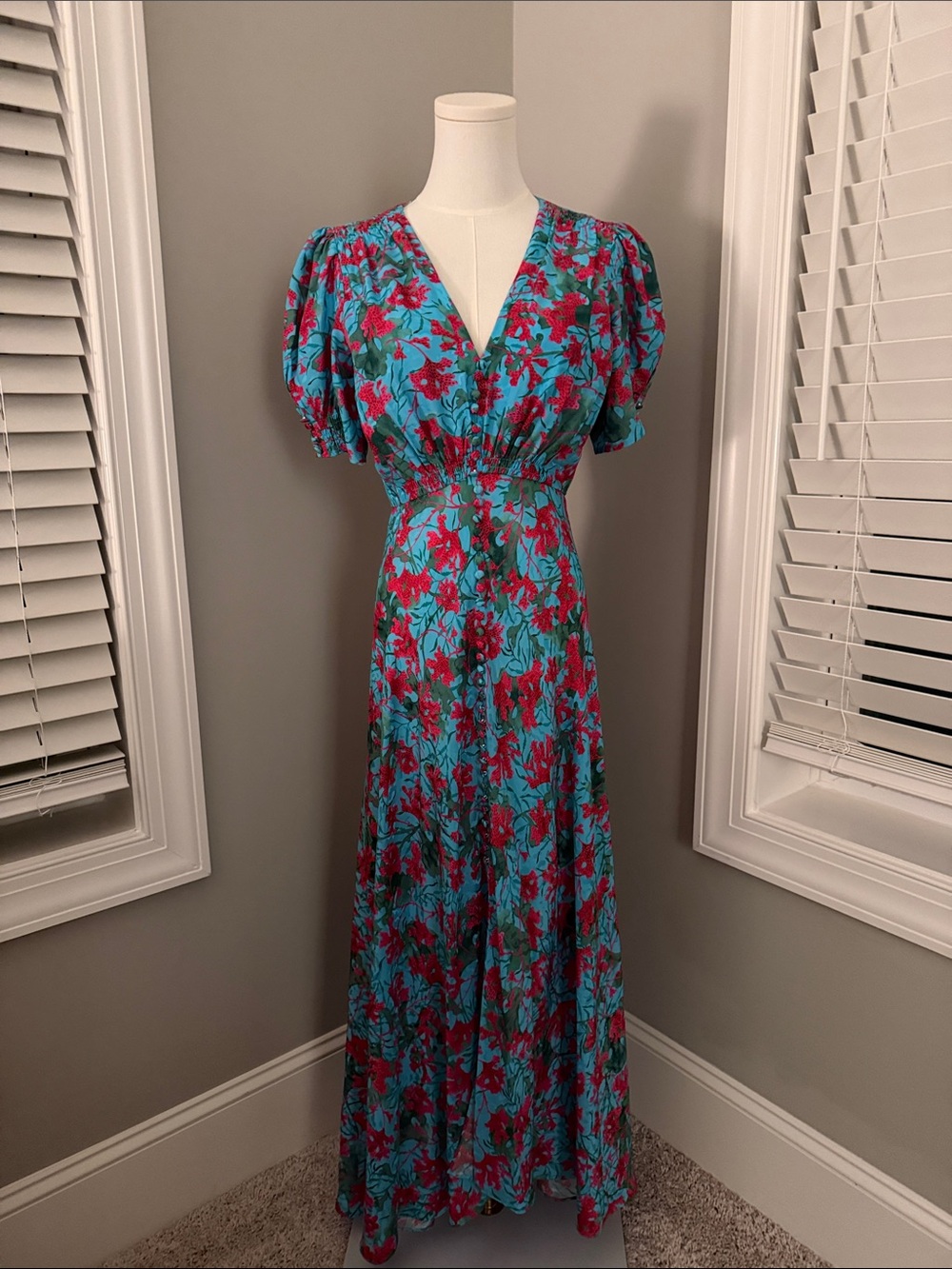 SALONI Turquoise Floral V-Neck Maxi Dress with Red Blossom Print